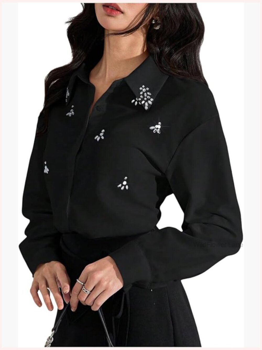 Long Sleeve Rhinestone Button Down Blouse Women's Work Shirt